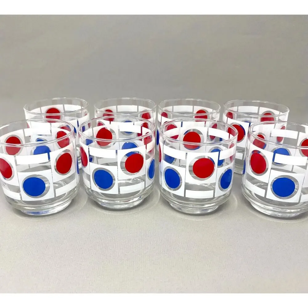 Set of 8 Vintage MCM Libbey Patriotic Red White Blue Dot Pattern Low Ball READ